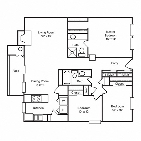 Floor plan for 3 beds, 2 baths, 1540 sqft
